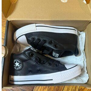 Converse All Star Kids 11 Black Leather Mid Top Sneakers NIB Street CV